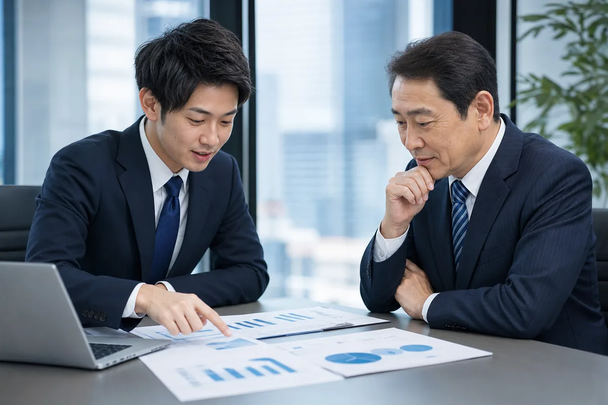 月次報告で経営数字を解説する様子